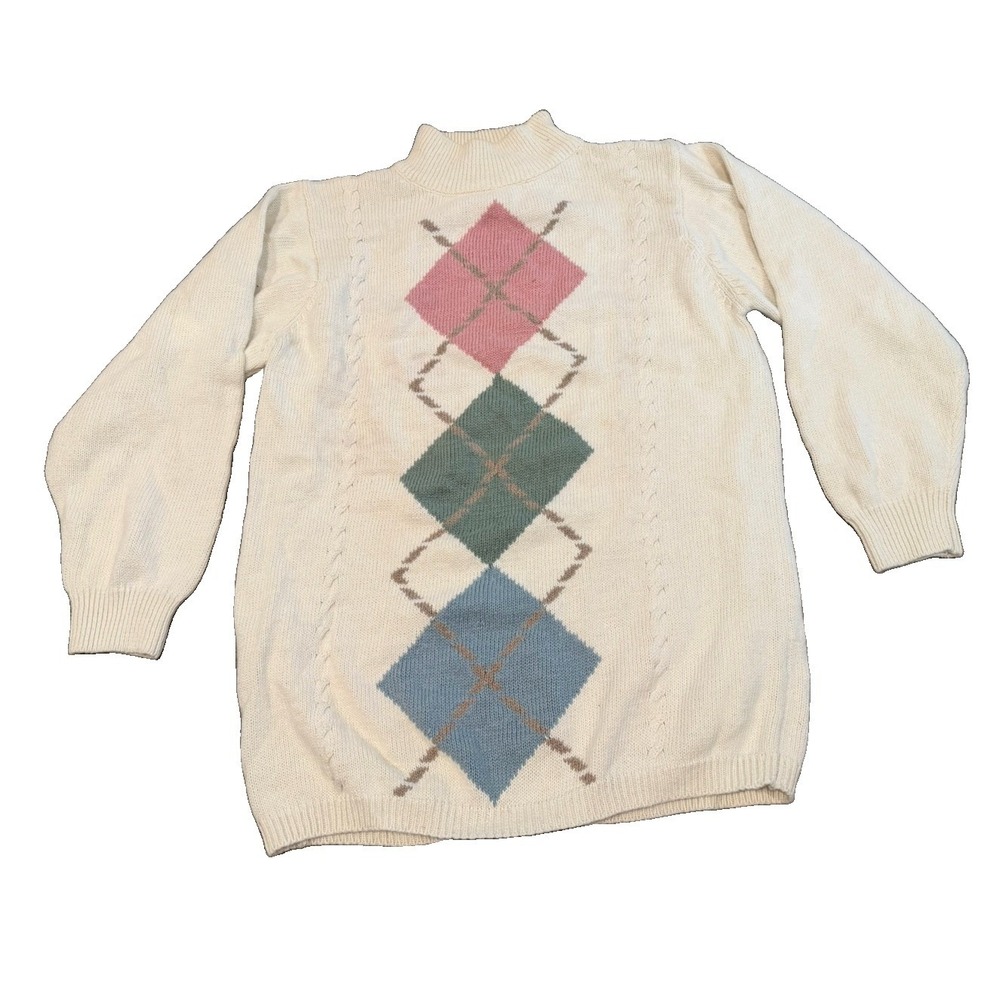 Petite Sophisticate Women's Petite M Ivory Argyle Knit Crewneck Pullover